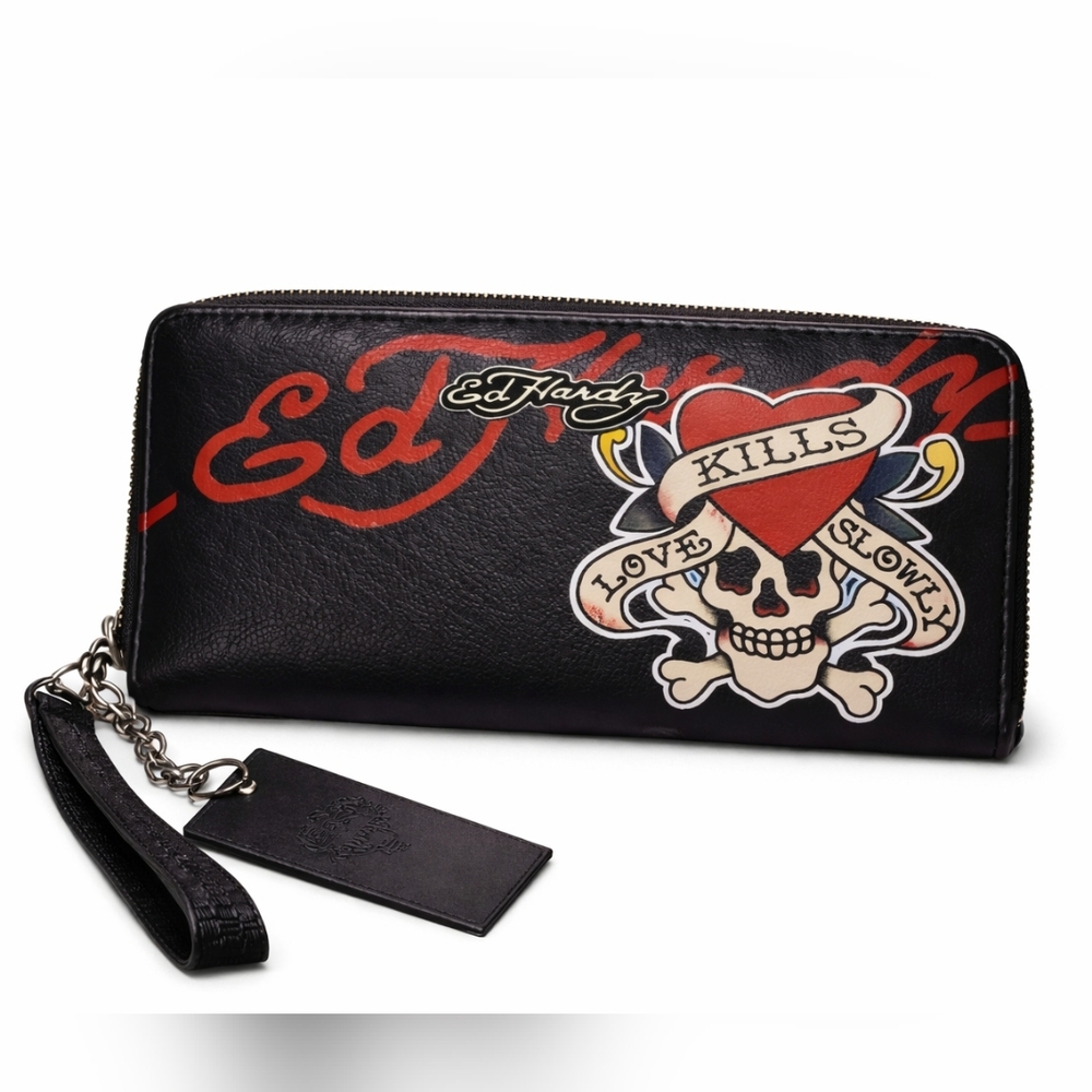 NWT! Ed Hardy “Love Kills Slowly” Skull Zip Wristlet Wallet – Y2K Icon